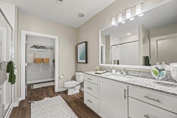 A bathroom with a white toilet, sink, and a mirror at 1010 Dilworth Apartments, Charlotte, NC, 28204